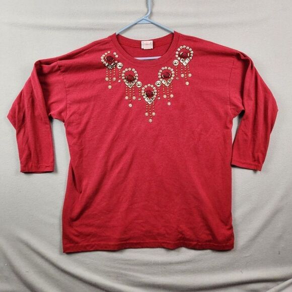 Vintage SuperLine Red Shirt One Size Rhinestone Flowers Long Sleeve - Picture 1 of 6
